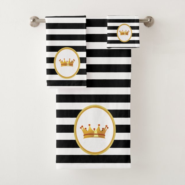 Crown on  Black & White Striped Bath Towel Set (Insitu)