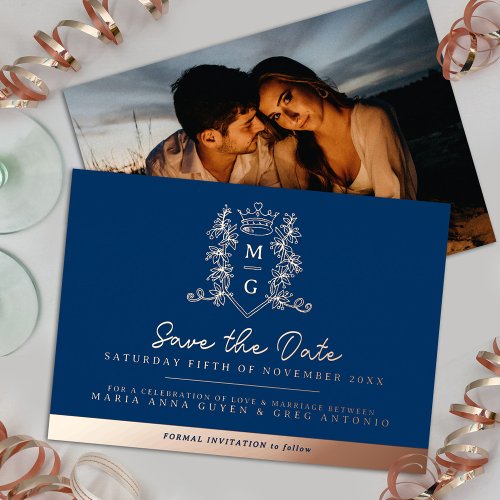 Crown photo wedding save the date blue rose gold foil invitation