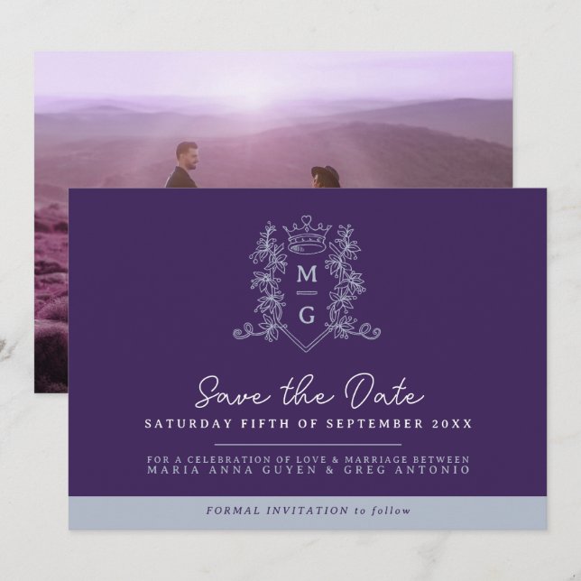 Crown photo wedding save the date purple gray (Front/Back)