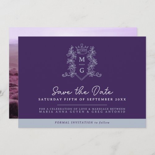 Crown photo wedding save the date purple gray