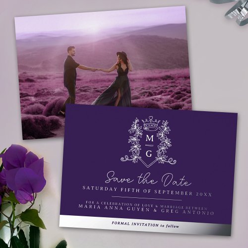 Crown photo wedding save the date purple silver foil invitation