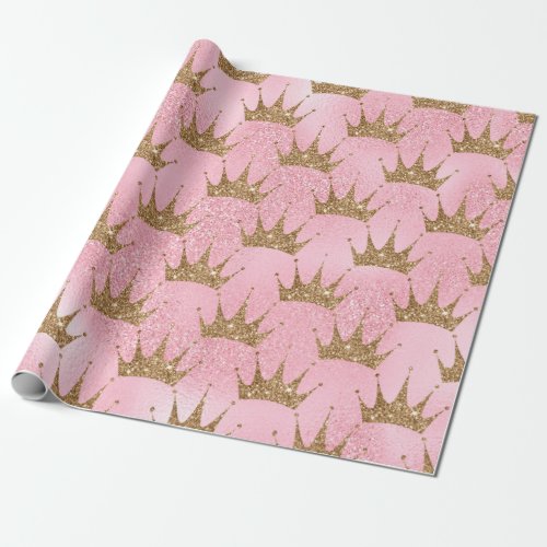Crown Pink and Gold Glitter Effect  Wrapping Paper