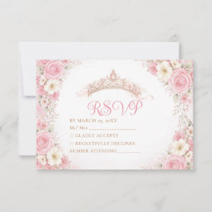 Crown Pink Floral Bow Ribbon Quinceañera RSVP Card
