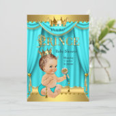 Crown Prince Baby Shower Gold Aqua Teal Brunette Invitation (Standing Front)