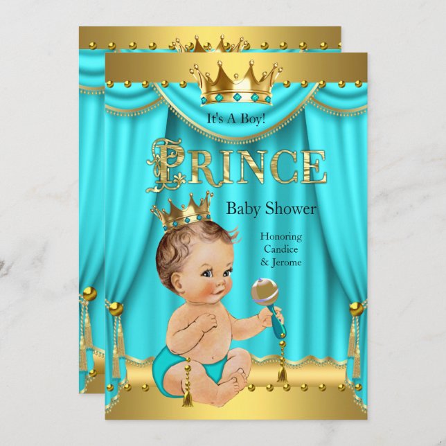 Crown Prince Baby Shower Gold Aqua Teal Brunette Invitation (Front/Back)