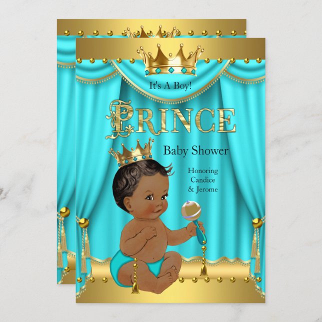 Crown Prince Baby Shower Gold Aqua Teal Ethnic Invitation (Front/Back)
