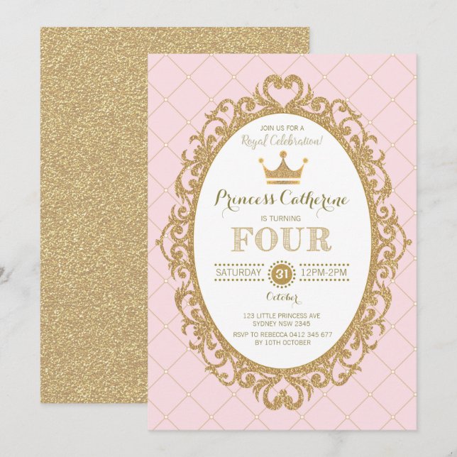 Crown Princess 4th Birthday Royal Pink Gold Party Invitation (Front/Back)
