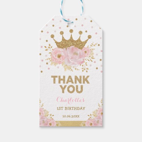 Crown Princess Baby Girl 1st  Birthday Pink Gold Gift Tags
