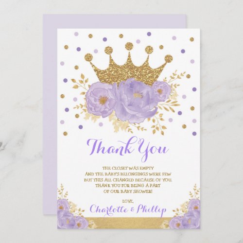Crown Princess Baby Shower Purple Gold Floral Thank You Card