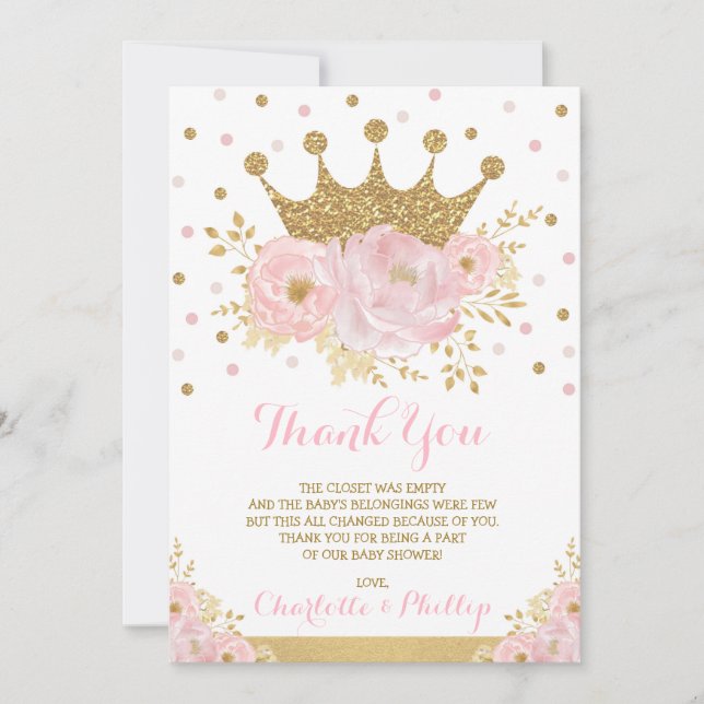 Crown Princess Baby Shower Royal Blush Gold Floral Thank You Card (Front)