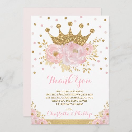Crown Princess Baby Shower Royal Blush Gold Floral Thank You Card
