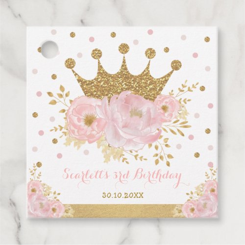 Crown Princess Blush Floral Gold Glitter Birthday Favor Tags