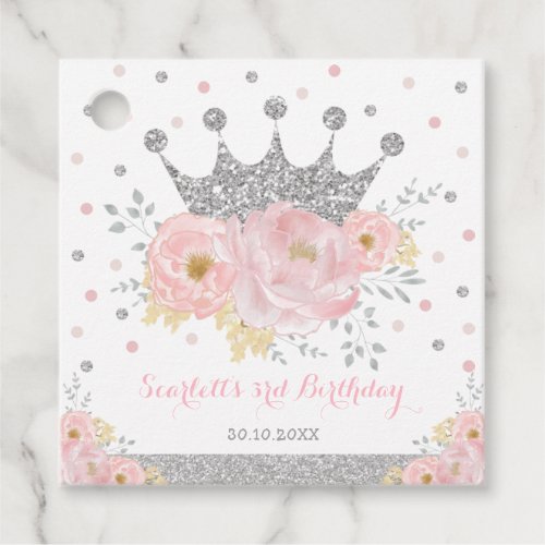 Crown Princess Blush Pink Floral Silver Birthday Favor Tags