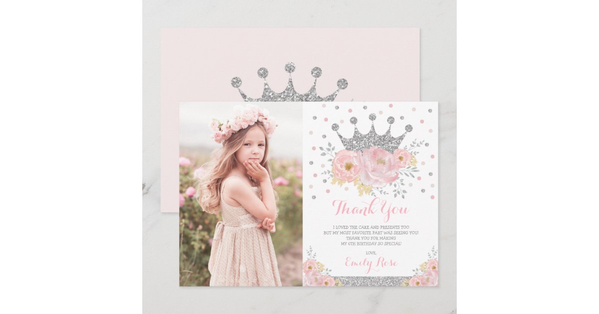 Crown Princess Blush Pink Silver Birthday Photo Thank You Card | Zazzle