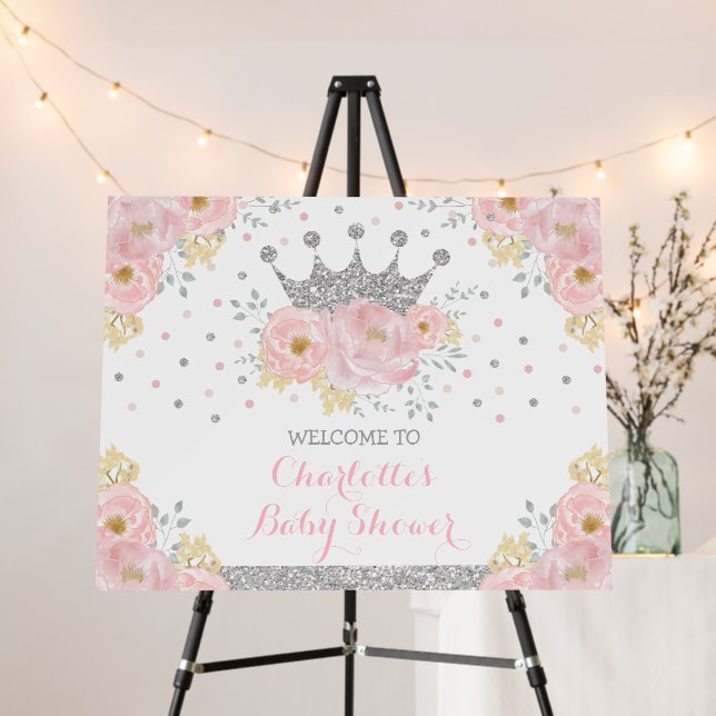 Crown Princess Blush Silver Floral Baby Shower Foam Board (In Situ (Stand))