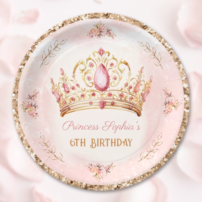 Crown Princess Pink Floral Glitter Gold Birthday Paper Plates (Crown Princess Pink Floral Glitter Gold Birthday Paper Plates)