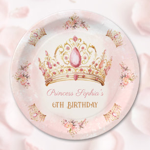Crown Princess Pink Floral Gold Girl Birthday Paper Plates