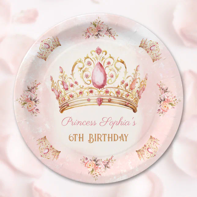Crown Princess Pink Floral Gold Girl Birthday Paper Plates | Zazzle