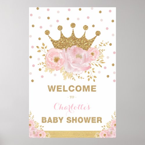 Crown Princess Pink Flower Baby Shower Welcome Poster