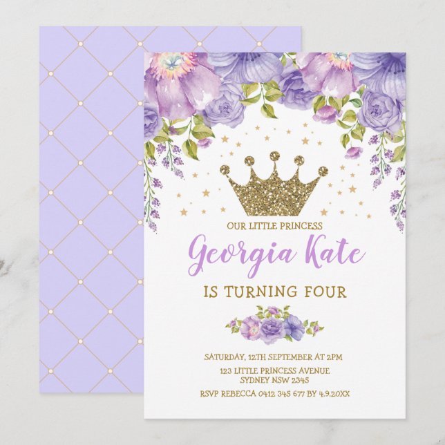 Crown Princess Purple Floral 1st Birthday Party Invitation (Front/Back)