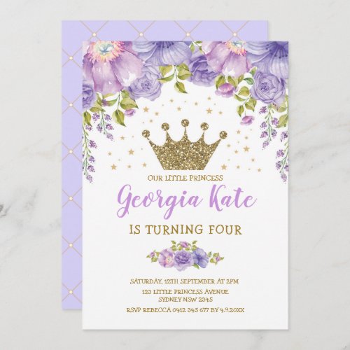 Crown Princess Purple Floral 1st Birthday Party Invitation