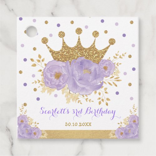 Crown Princess Purple Floral Gold Glitter Birthday Favor Tags