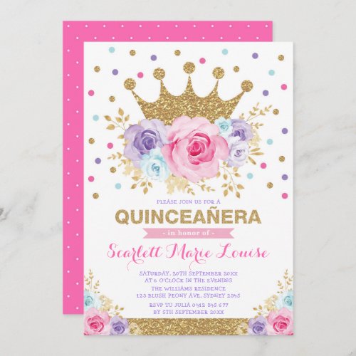 Crown Princess Quinceaera Pink Purple Blue Floral Invitation