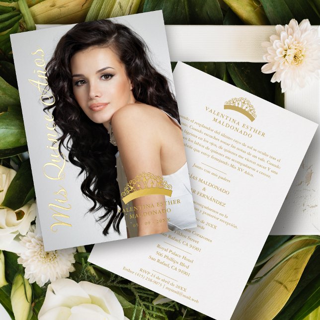Crown Quinceañera Minimal Photo Fancy Calligraphy Foil Invitation (Creator Uploaded)