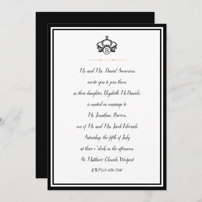 Crown Royal Black White and Gold Wedding Invitation (Front/Back)