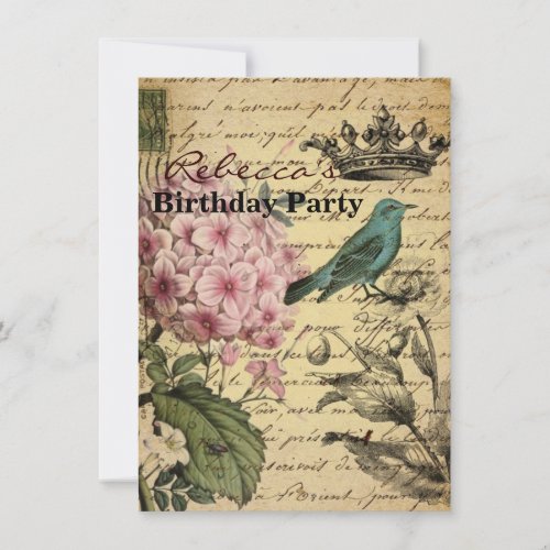 elegant girly Hydrangea teal bird vintage paris Personalized Announcements