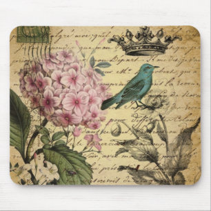 crown script hydrangea bird french botanical mouse pad
