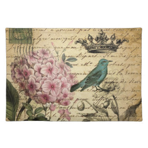 crown script hydrangea bird french botanical placemat