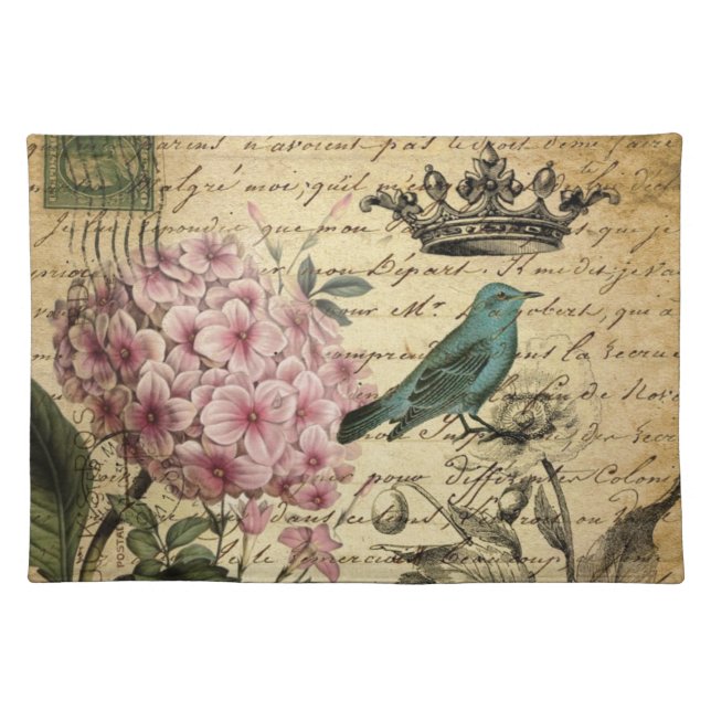 crown script hydrangea bird french botanical placemat (Front)