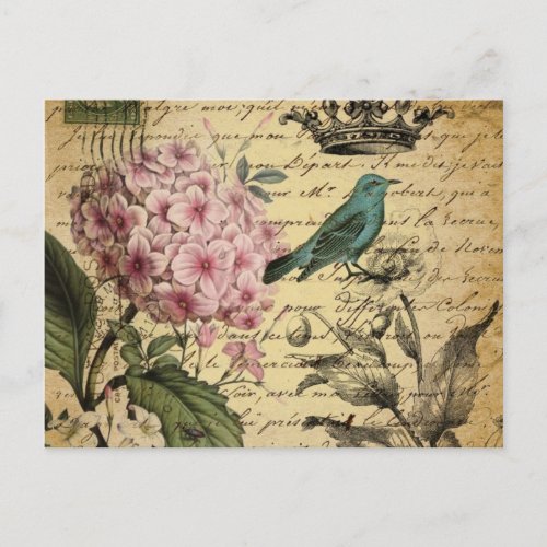 crown script hydrangea bird french botanical postcard
