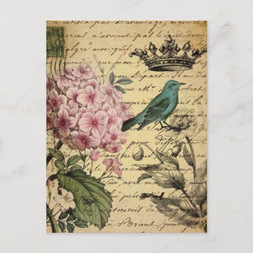 crown script hydrangea bird french botanical postcard