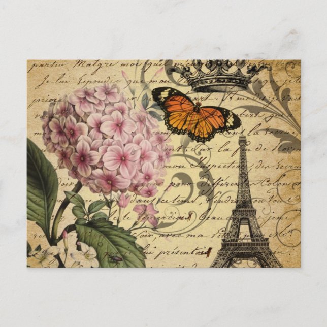 crown script hydrangea bird french botanical postcard (Front)