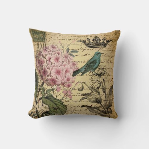 crown script hydrangea bird french botanical throw pillow