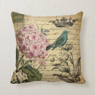 crown script hydrangea bird french botanical throw pillow