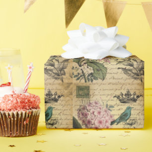 crown script hydrangea bird french botanical wrapping paper