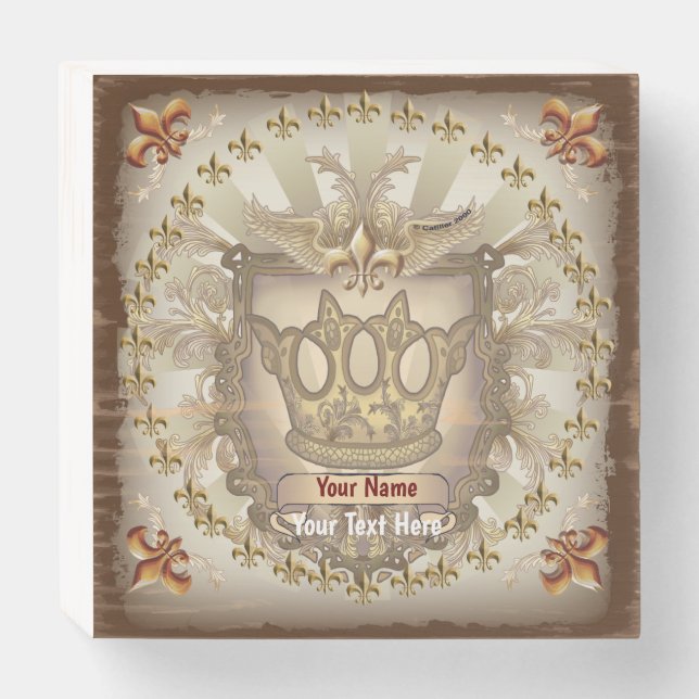 Crown Shield Family Crest Surname Wooden Box Sign (Front Horizontal)