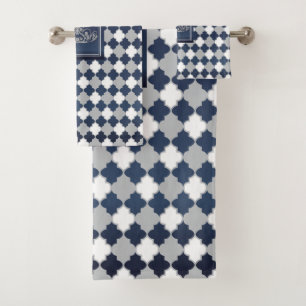 Crown Slate Blue, Gray and White Quatrefoil Bath Towel Set