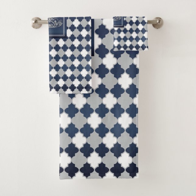 Crown Slate Blue, Gray and White Quatrefoil Bath Towel Set (Insitu)