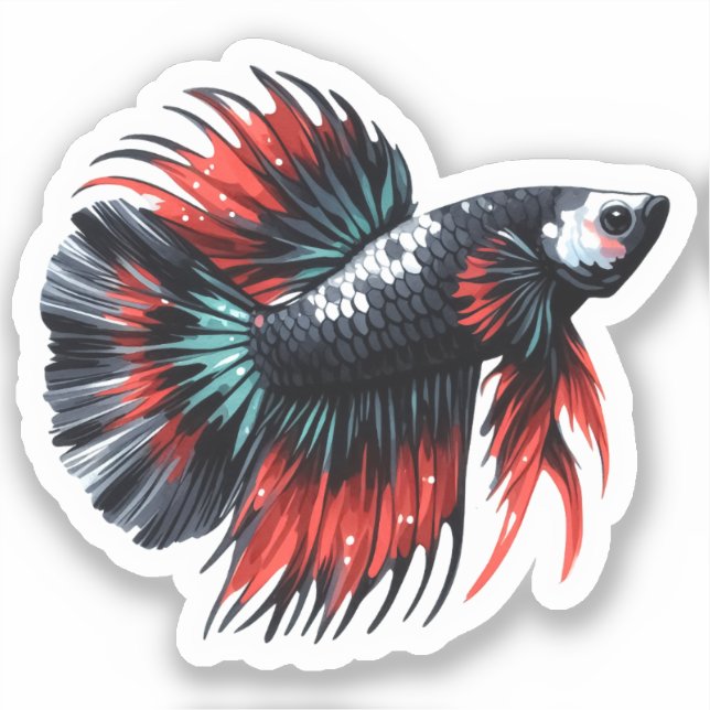 Crown Tail Betta Fish Black White and Red Sticker (Front)