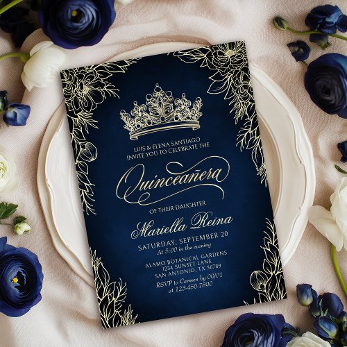 Crown Tiara Navy Gold Quinceaera Invitation