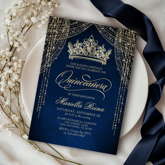 Crown Tiara Navy Gold Quinceañera Invitation (Creator Uploaded)