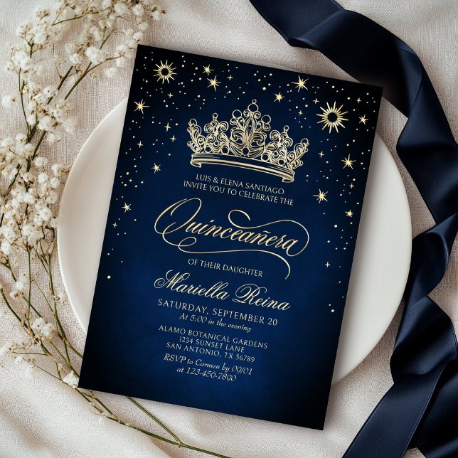 Crown Tiara Navy Gold Quinceañera Invitation (Creator Uploaded)