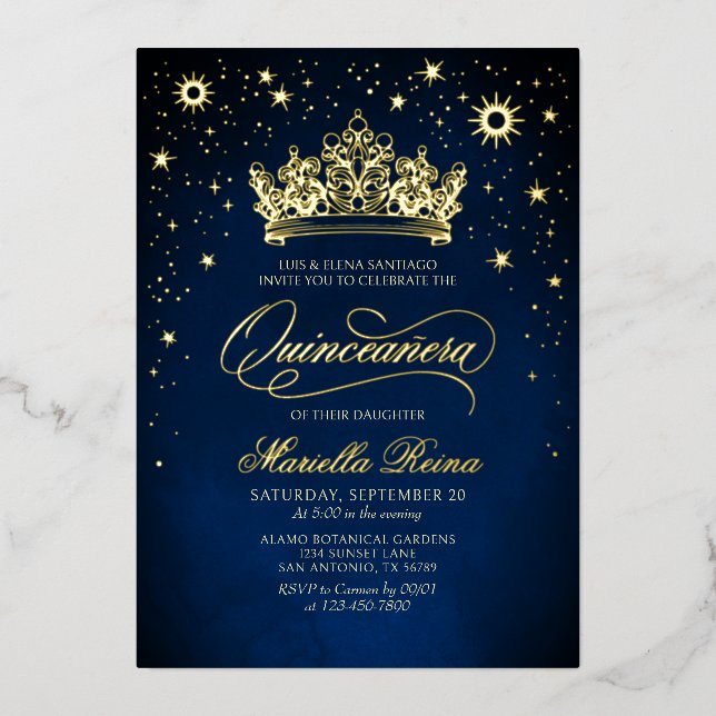 Crown Tiara Navy Gold Quinceañera Invitation Foil Invitation (Front)