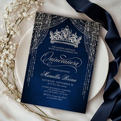 Crown Tiara Navy Silver Quinceaera Invitation