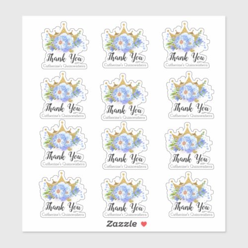 Crown with Blue Flowers Quinceaera Thank You Set Sticker