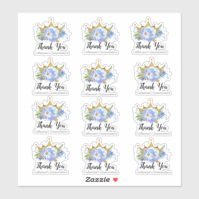 Crown with Blue Flowers Quinceañera Thank You Set Sticker (Sheet)